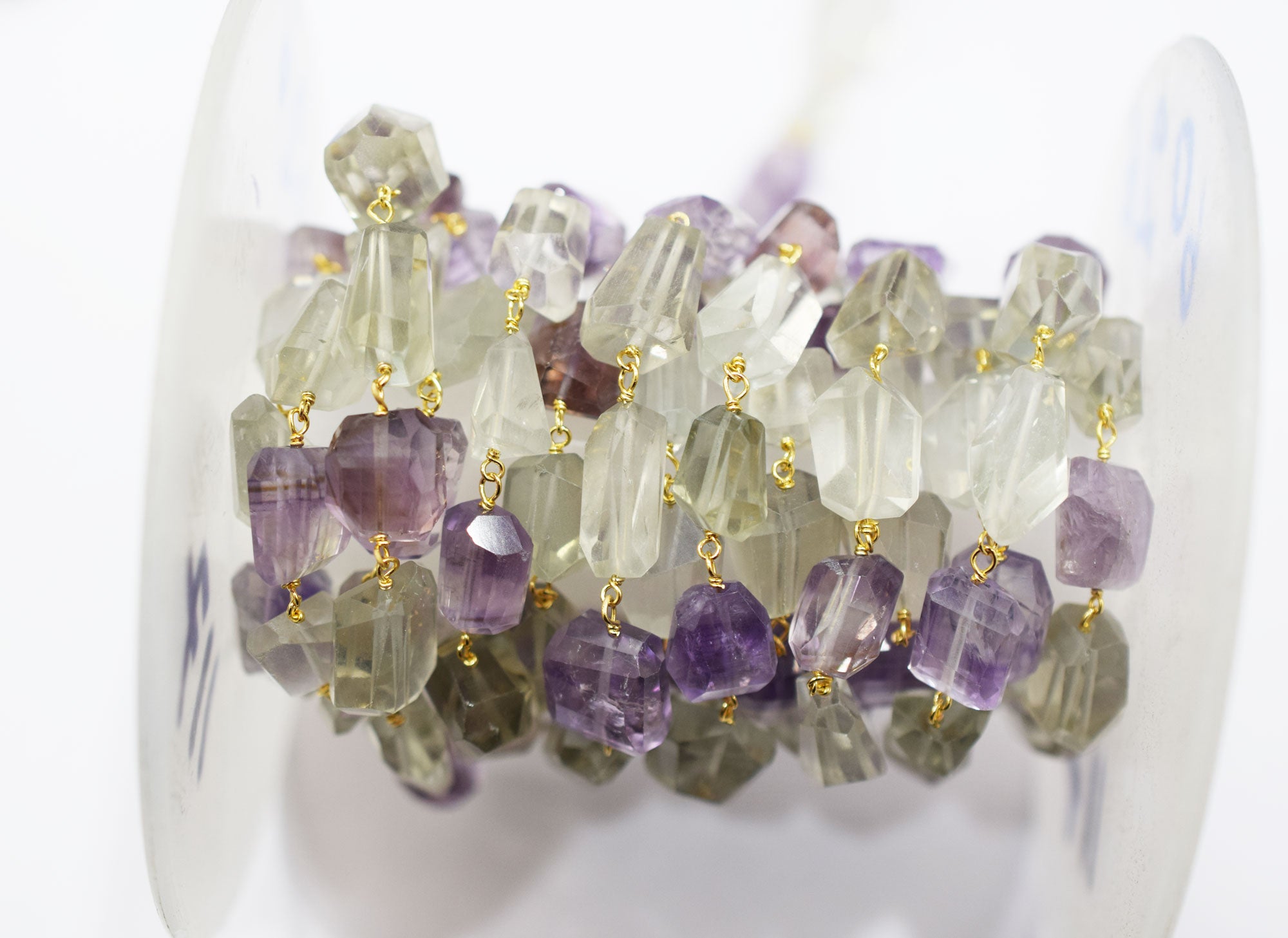 Pink Amethyst Faceted Laser Cut Nuggets Shape Rosary Beaded Chain , Green Amethyst Wire Wrapped Chain , 11 - 18 mm , RB-6574