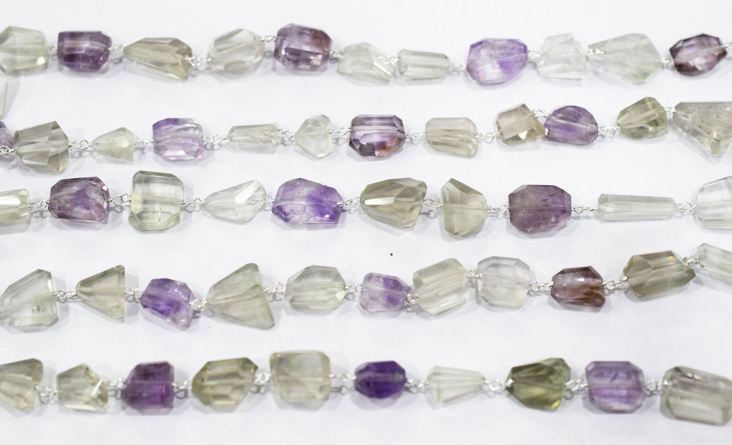 Pink Amethyst Faceted Laser Cut Nuggets Shape Rosary Beaded Chain , Green Amethyst Wire Wrapped Chain , 11 - 18 mm , RB-6574