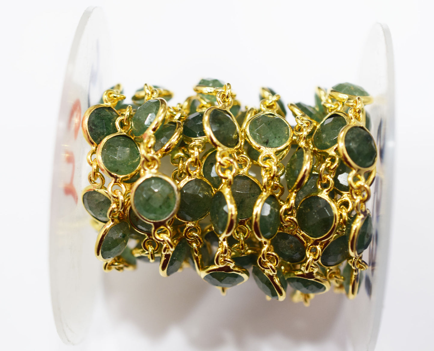 Green Strawberry Quartz Faceted Coin Shape Connector Chain , 9 mm , RB-6579