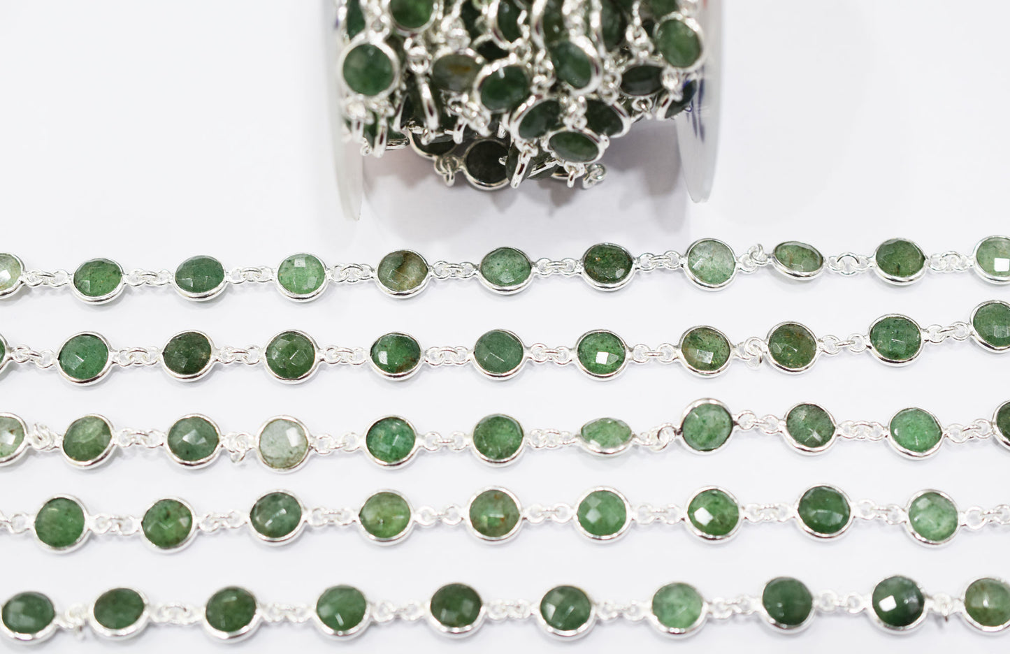 Green Strawberry Quartz Faceted Coin Shape Connector Chain , 9 mm , RB-6579