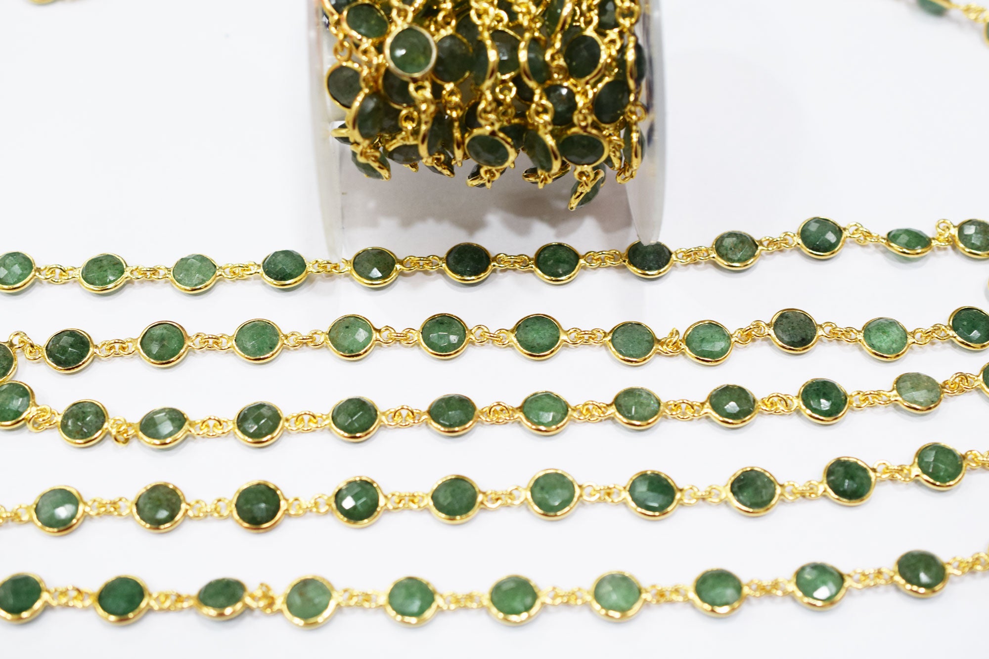 Green Strawberry Quartz Faceted Coin Shape Connector Chain , 9 mm , RB-6579