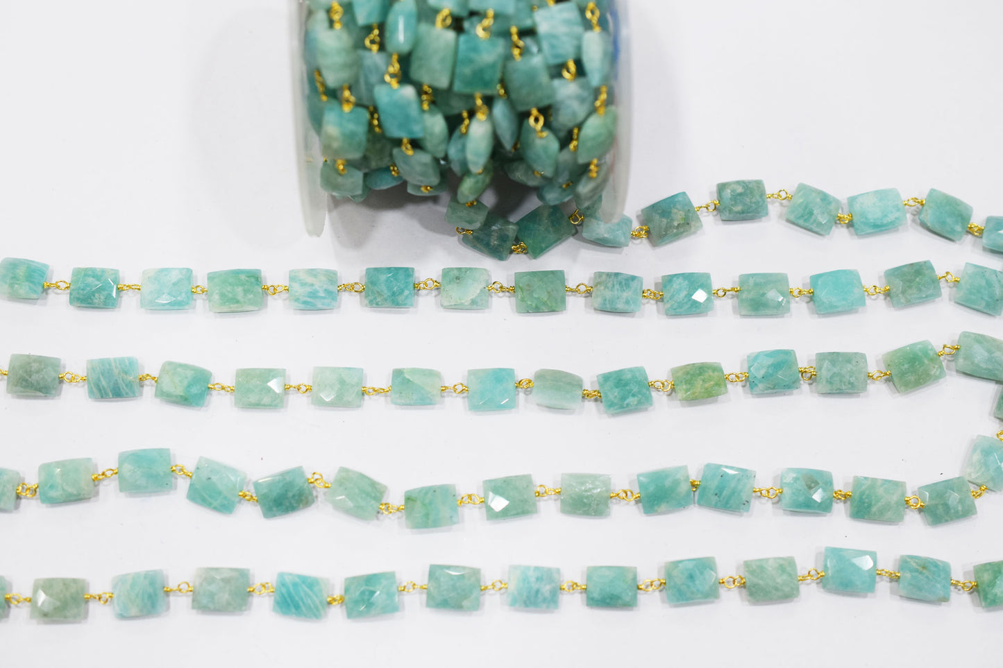 Amazonite Faceted Cushion Shape Rosary Beaded Chain , 9x10 mm , RB-6585