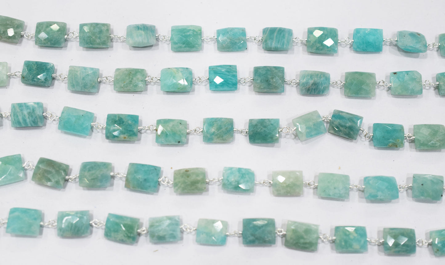 Amazonite Faceted Cushion Shape Rosary Beaded Chain , 9x10 mm , RB-6585
