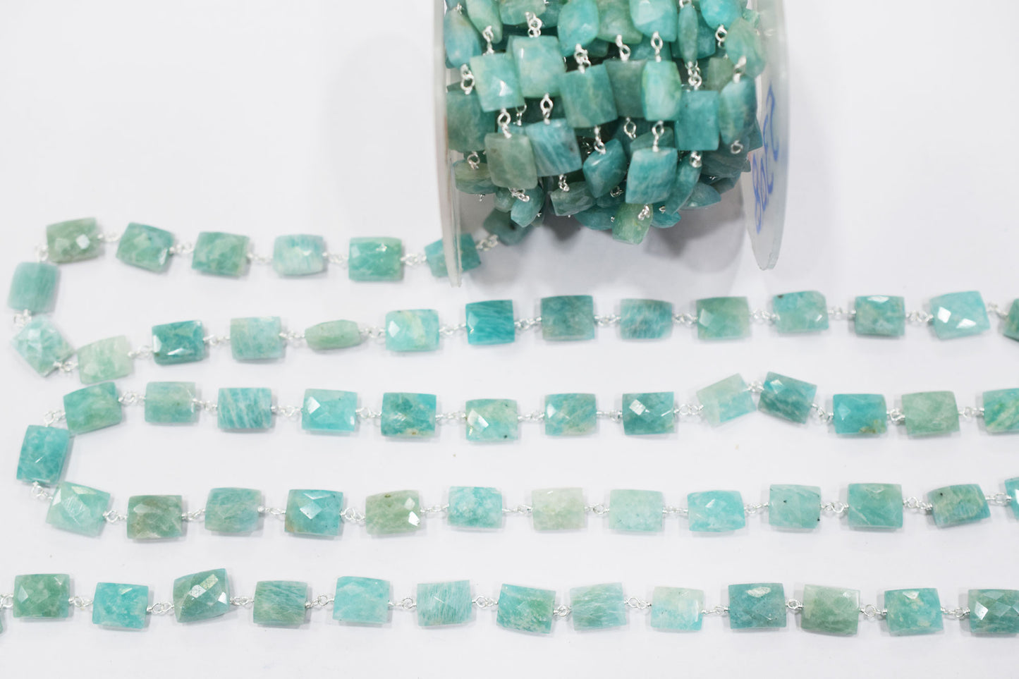 Amazonite Faceted Cushion Shape Rosary Beaded Chain , 9x10 mm , RB-6585