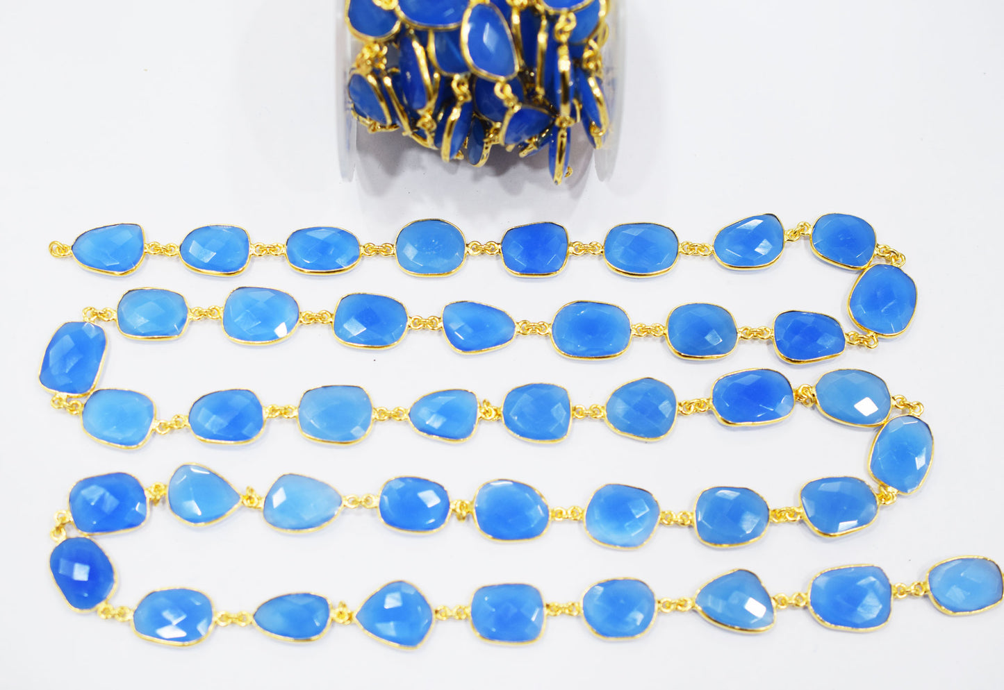 Baby Blue Chalcedony Slice Shape Connector Chain , 13x14 - 14x16 mm , RB-6586