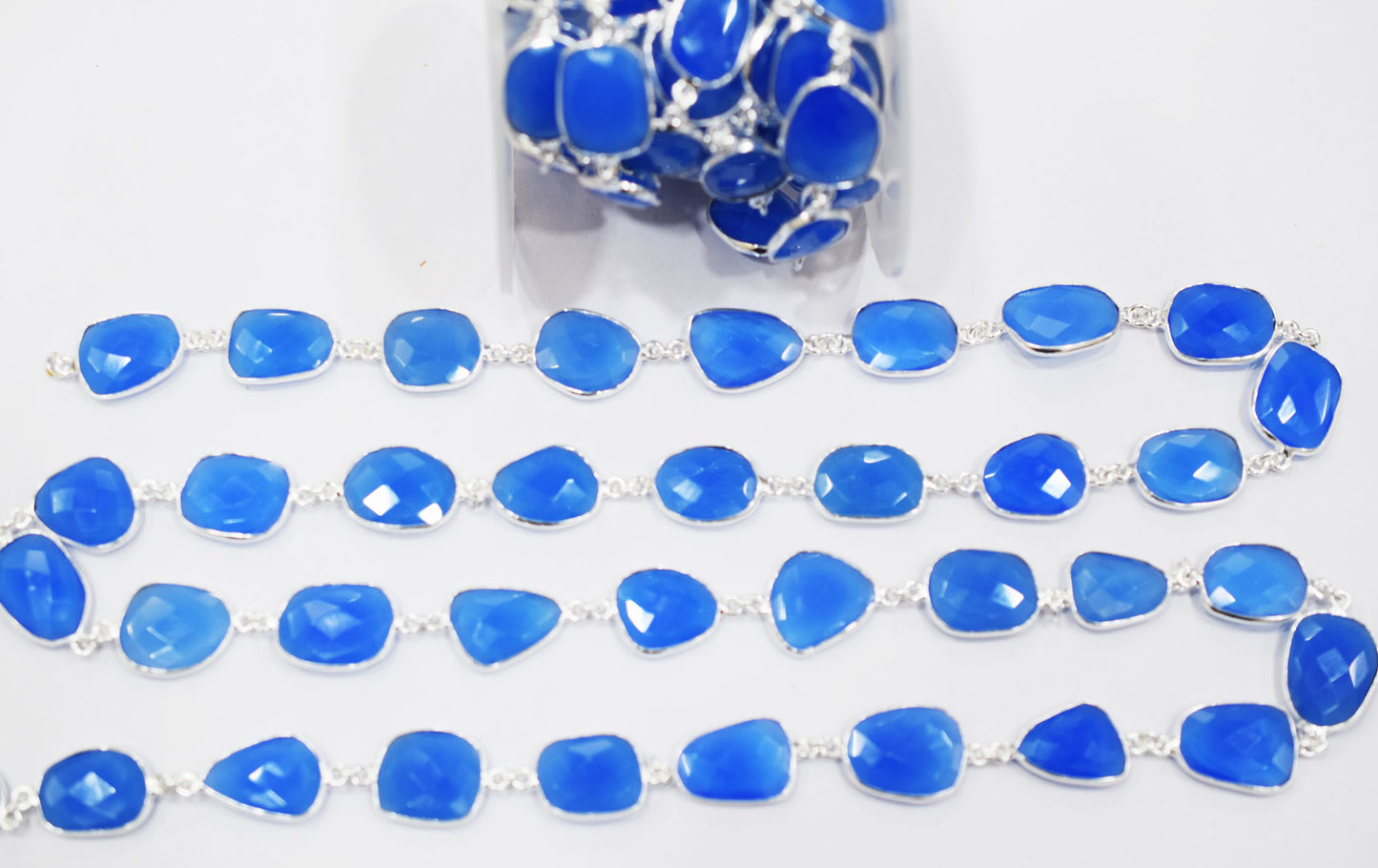 Baby Blue Chalcedony Slice Shape Connector Chain , 13x14 - 14x16 mm , RB-6586