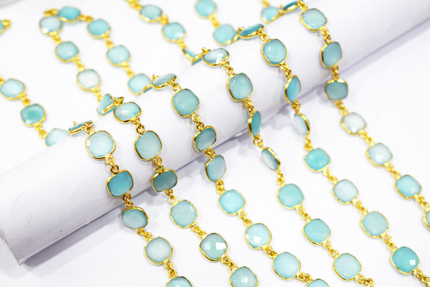 Aqua Chalcedony Faceted Cushion Shape Connector Chain , 12x12 mm , RB-6589