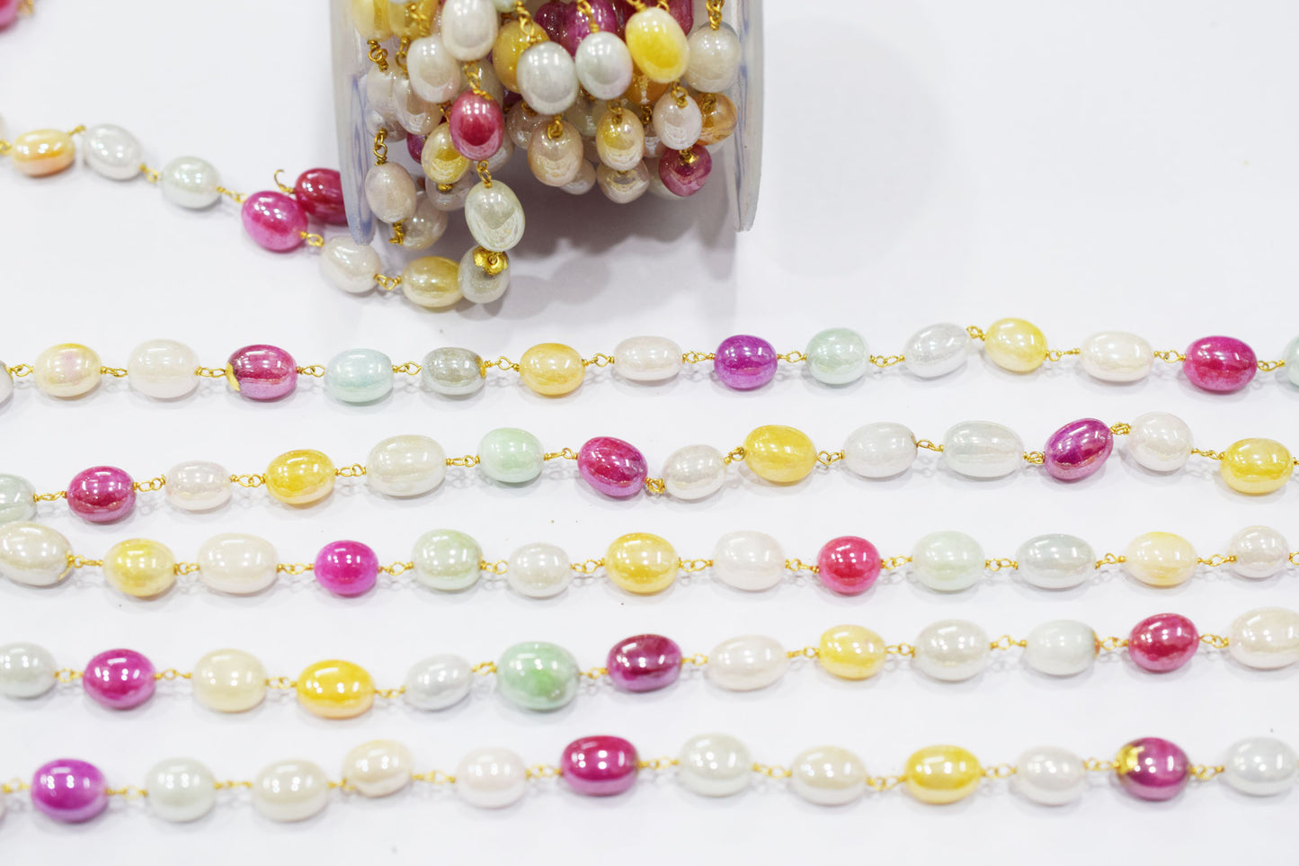 Mystic Multi Natural Quartz Oval Shape Rosary Beaded Chain , 7x9 - 8x11 mm , RB-6654