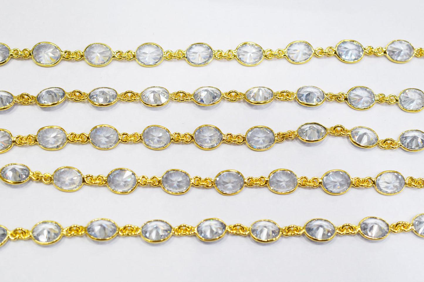 White Cubic Zirconia Diamond Cut Oval Shape Connector Chain , White Cubic Zirconia CZ Tiff Bezel Link Chain , 8.50x11 mm , RB-6655