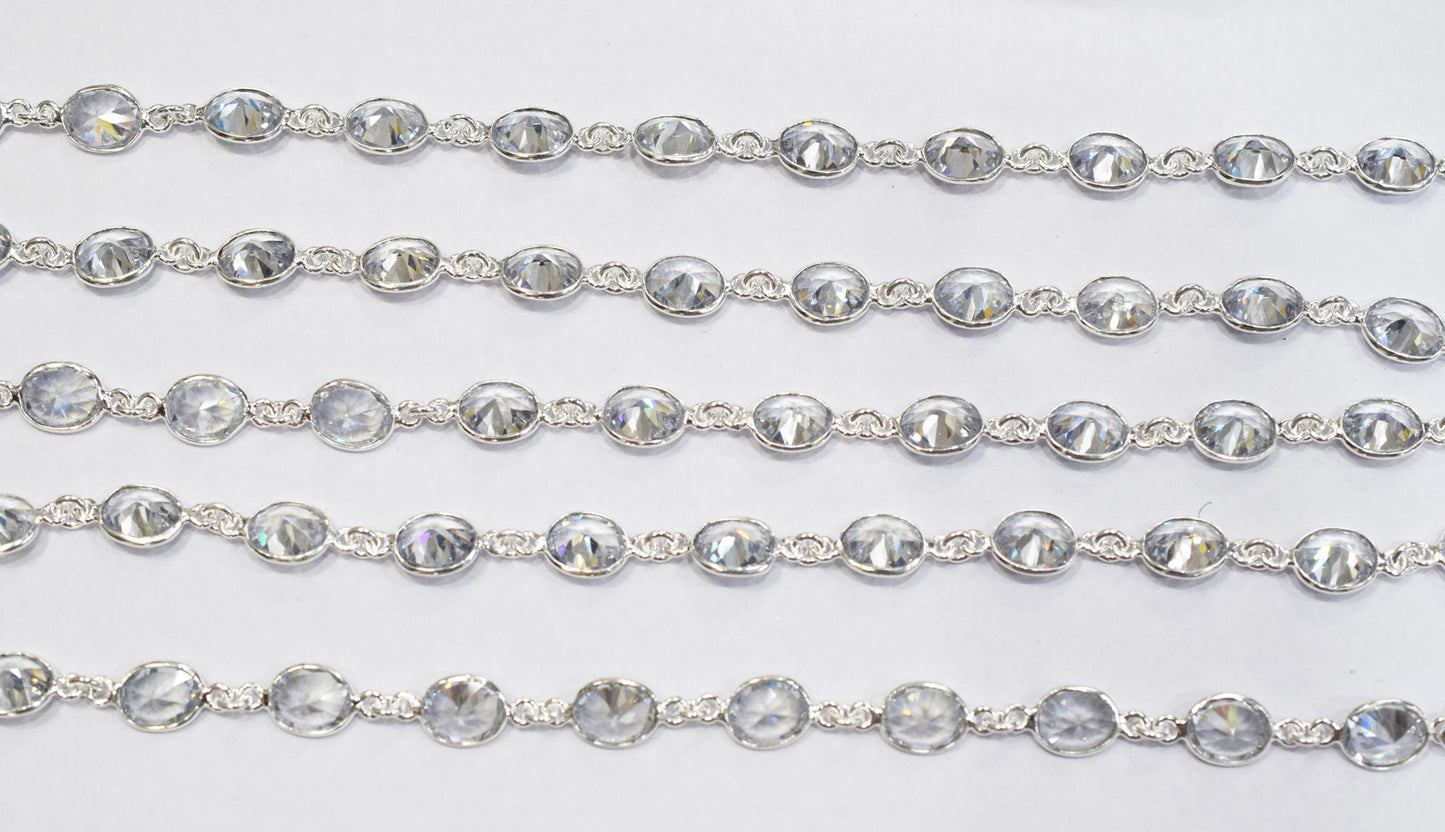 White Cubic Zirconia Diamond Cut Oval Shape Connector Chain , White Cubic Zirconia CZ Tiff Bezel Link Chain , 8.50x11 mm , RB-6655