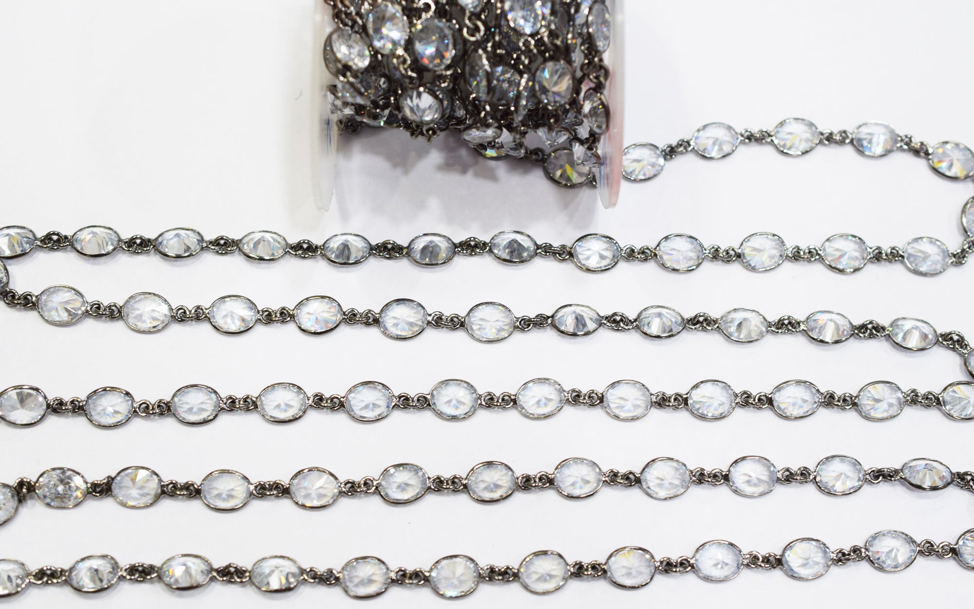 White Cubic Zirconia Diamond Cut Oval Shape Connector Chain , White Cubic Zirconia CZ Tiff Bezel Link Chain , 8.50x11 mm , RB-6655