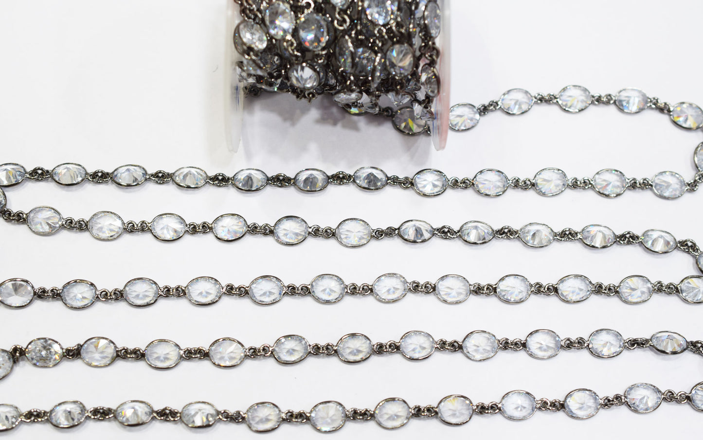 White Cubic Zirconia Diamond Cut Oval Shape Connector Chain , White Cubic Zirconia CZ Tiff Bezel Link Chain , 8.50x11 mm , RB-6655