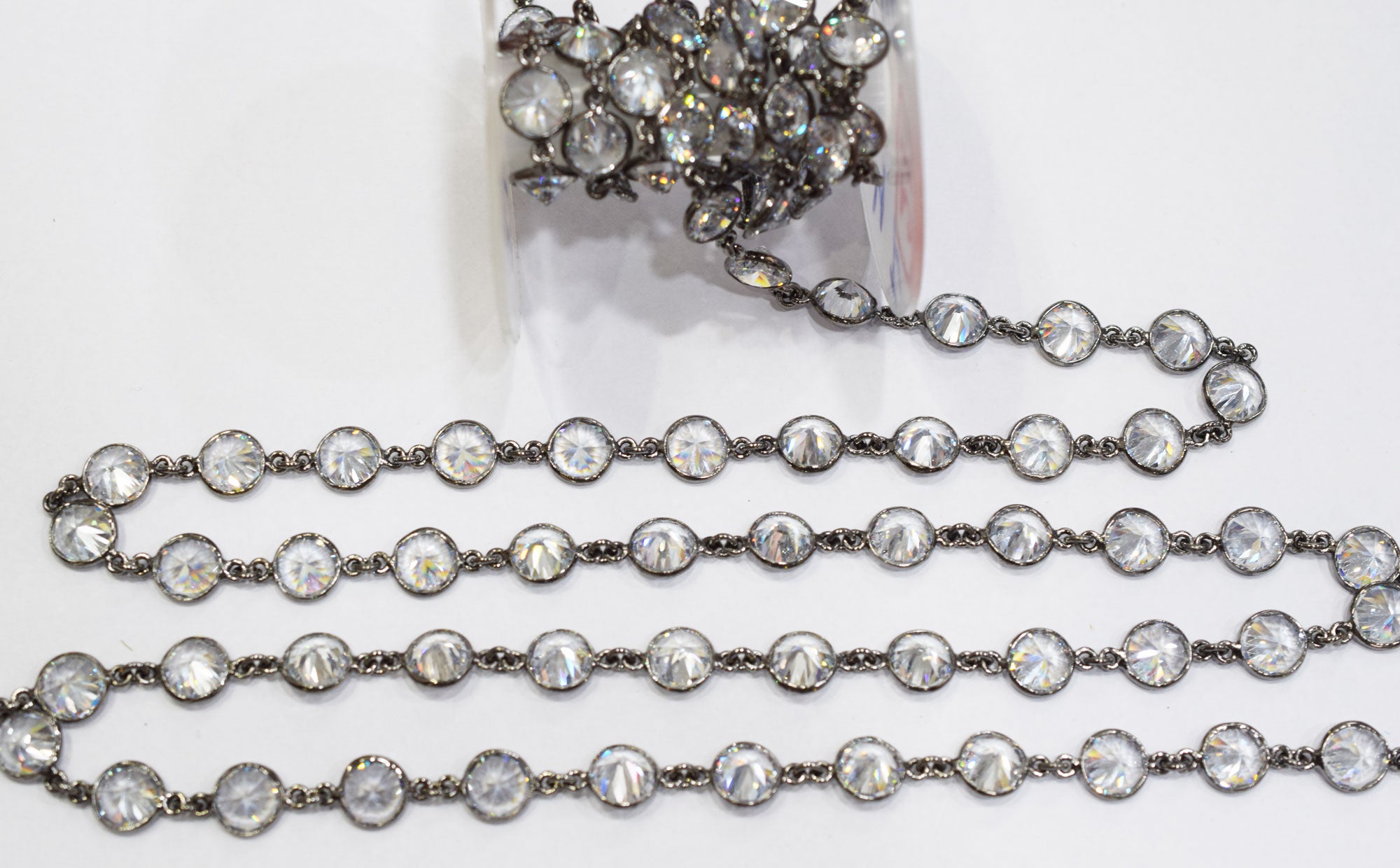 White Cubic Zirconia Diamond Cut Coin Shape Connector Chain , White Cubic Zirconia CZ Tiff Bezel Link Chain , 10.50 mm , RB-6656