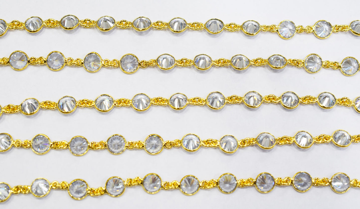 White Cubic Zirconia Diamond Cut Coin Shape Connector Chain , White Cubic Zirconia CZ Tiff Bezel Link Chain , 8.50 mm , RB-6657