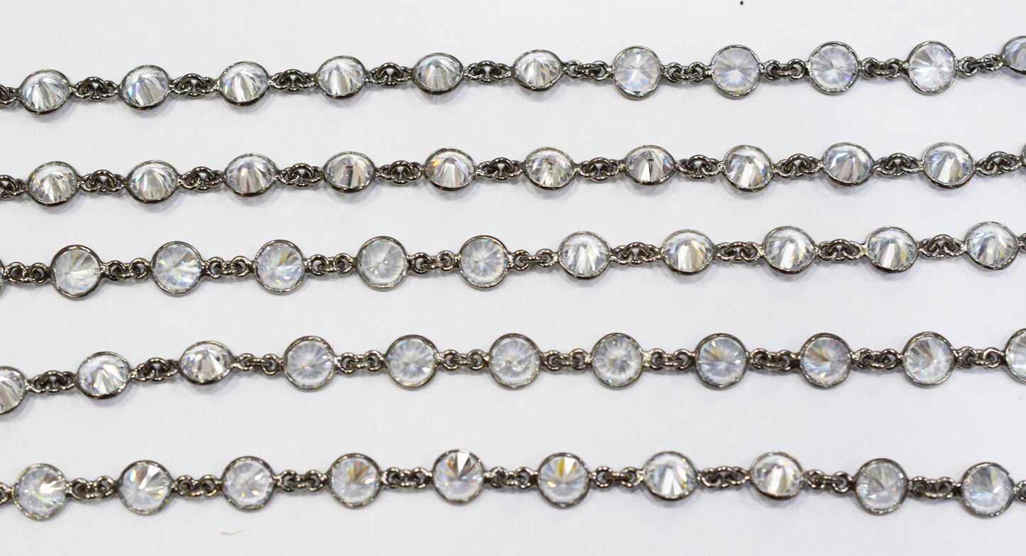 White Cubic Zirconia Diamond Cut Coin Shape Connector Chain , White Cubic Zirconia CZ Tiff Bezel Link Chain , 8.50 mm , RB-6657