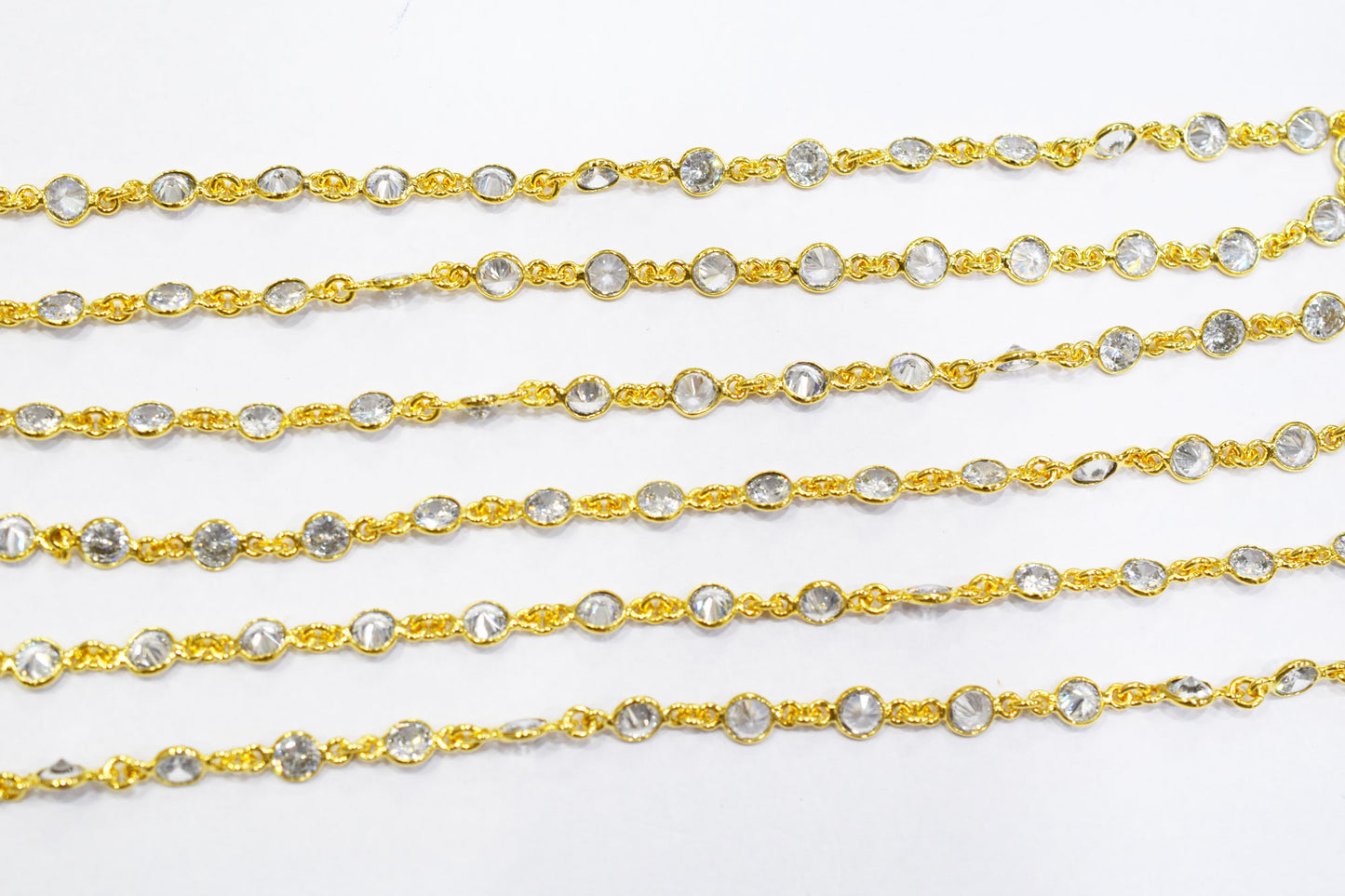 White Cubic Zirconia Diamond Cut Coin Shape Connector Chain , White Cubic Zirconia CZ Tiff Bezel Link Chain , 6.50 mm , RB-6658