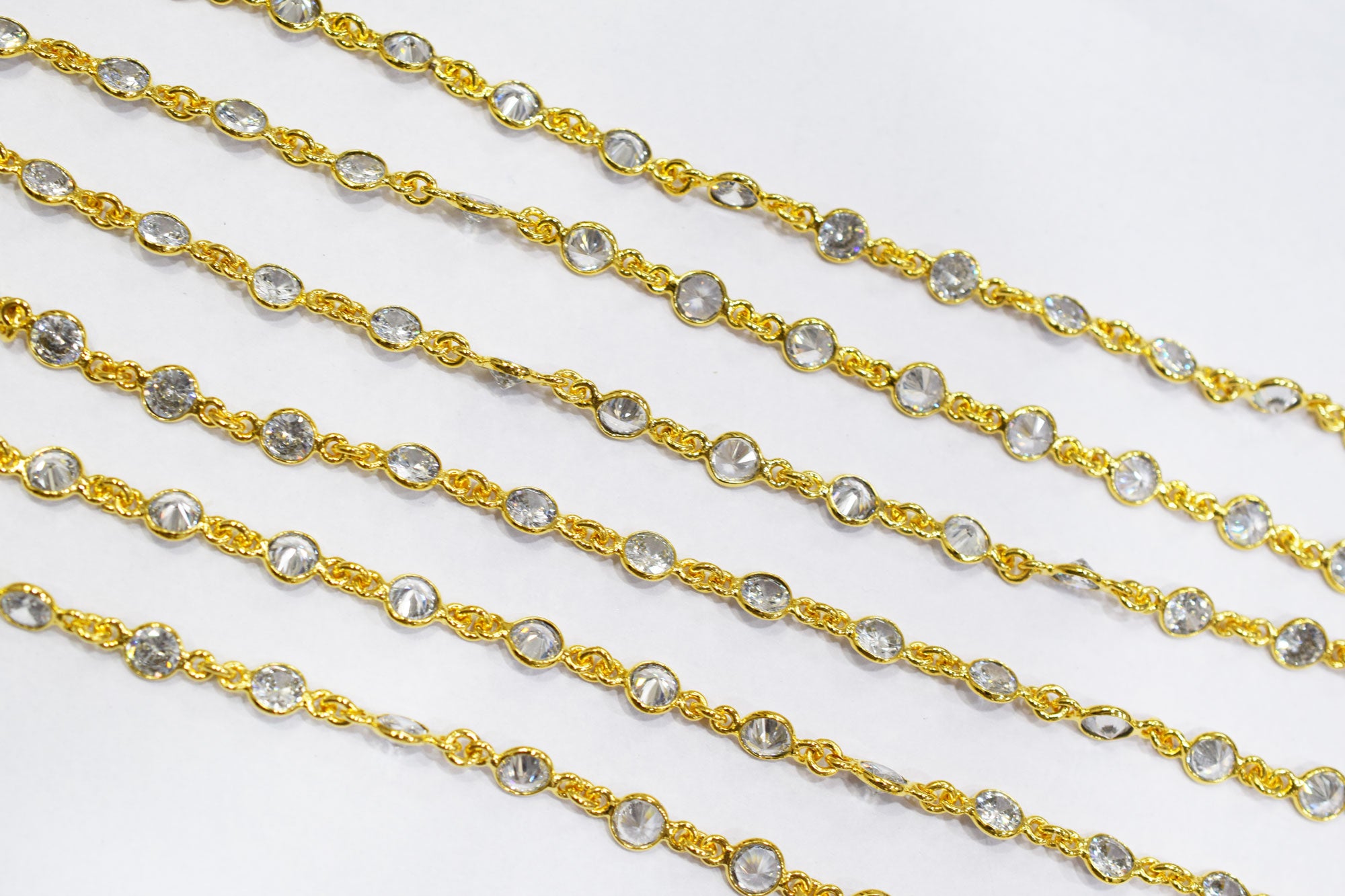 White Cubic Zirconia Diamond Cut Coin Shape Connector Chain , White Cubic Zirconia CZ Tiff Bezel Link Chain , 6.50 mm , RB-6658