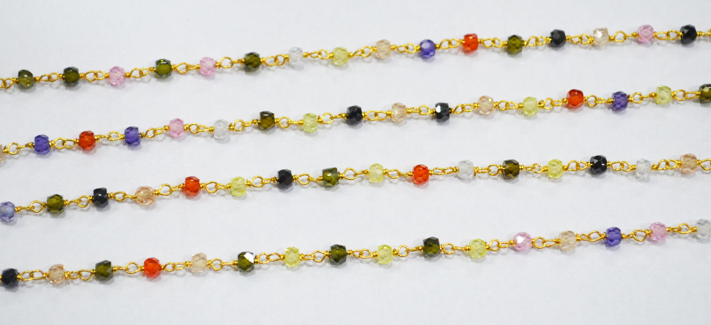 Multi Cubic Zircon Faceted Rondelle Shape Rosary Beaded Chain , Sold By Foot , 3 mm , RB-6659