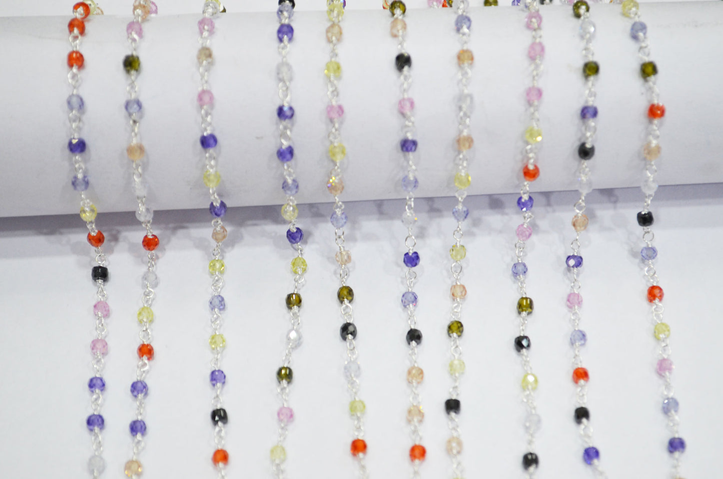 Multi Cubic Zircon Faceted Rondelle Shape Rosary Beaded Chain , Sold By Foot , 3 mm , RB-6659