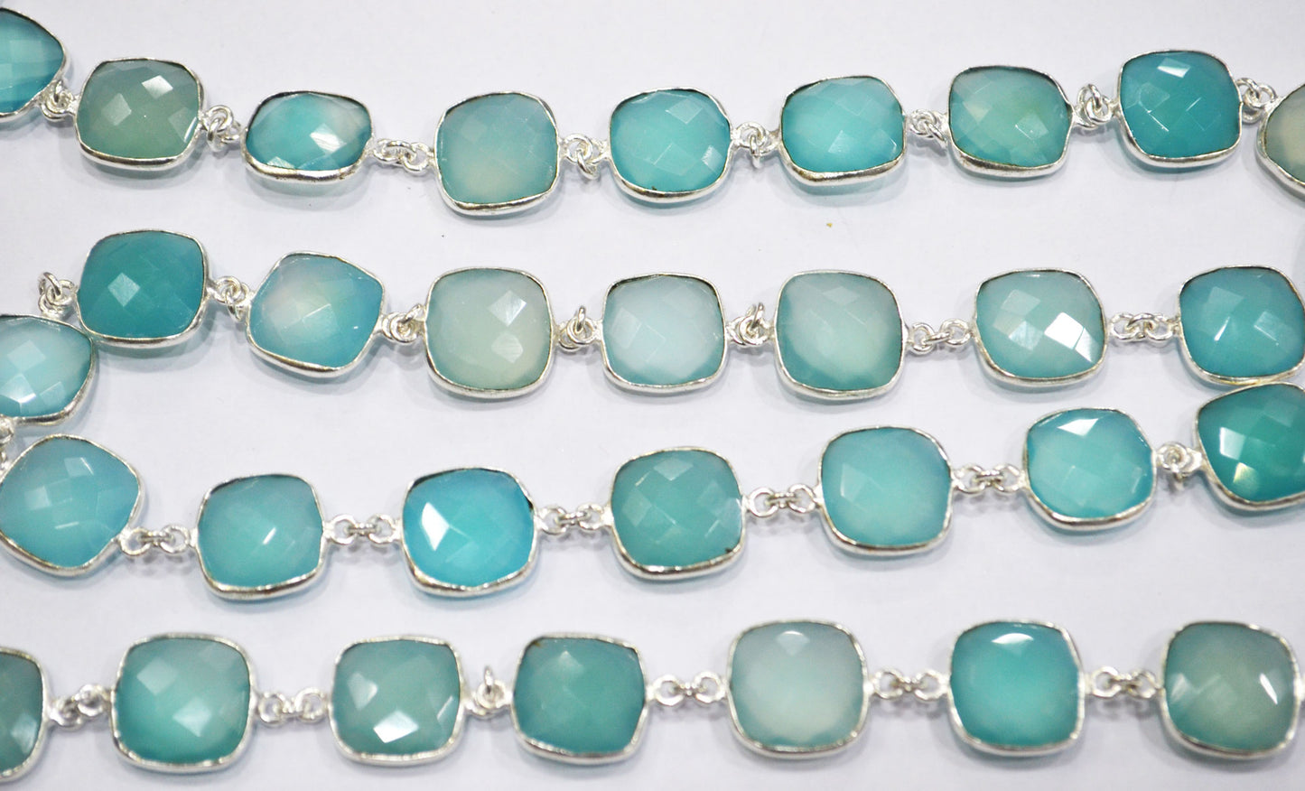 Aqua Chalcedony Faceted Cushion Shape Connector Chain , 15 mm , RB-6660