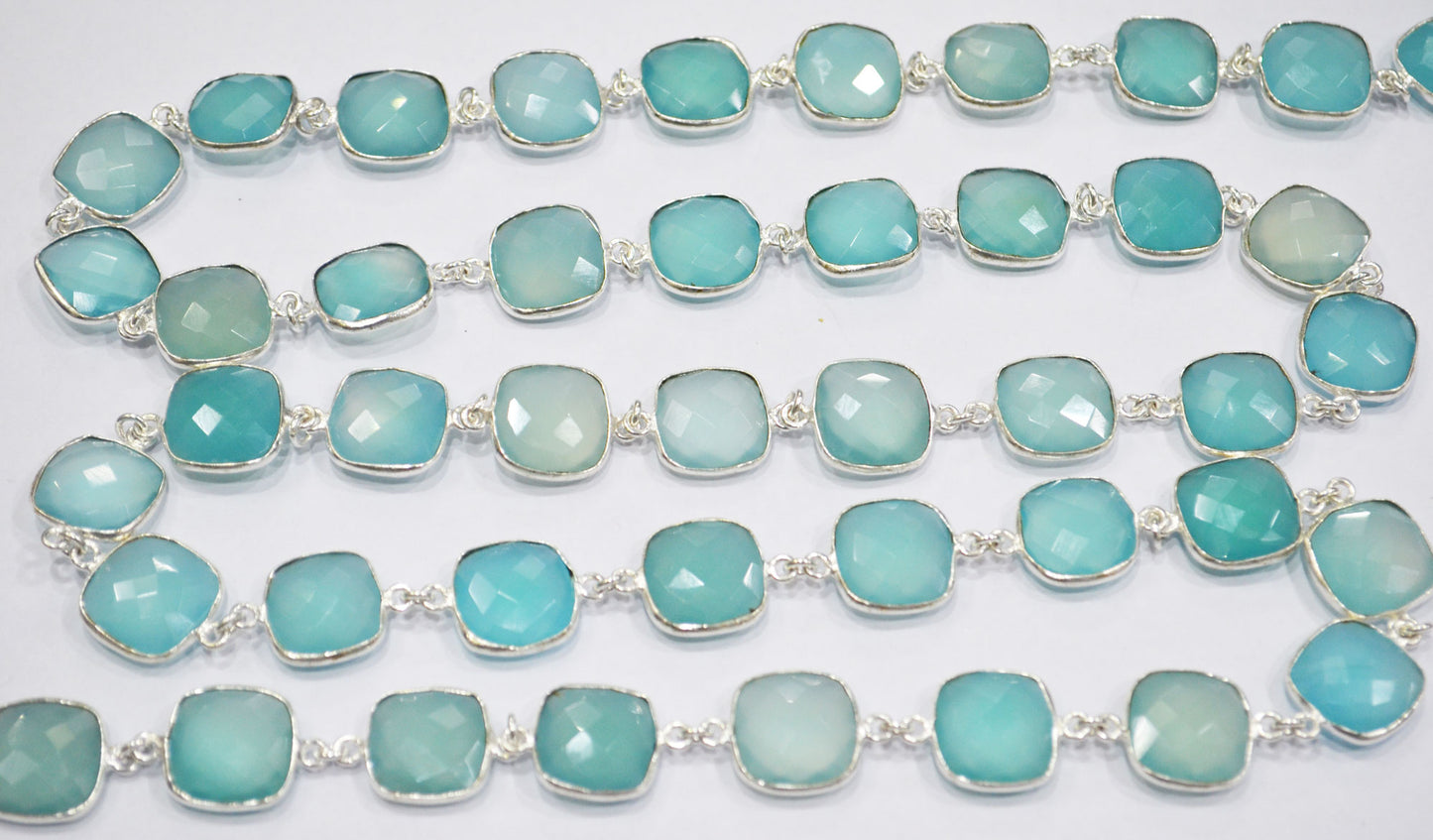 Aqua Chalcedony Faceted Cushion Shape Connector Chain , 15 mm , RB-6660