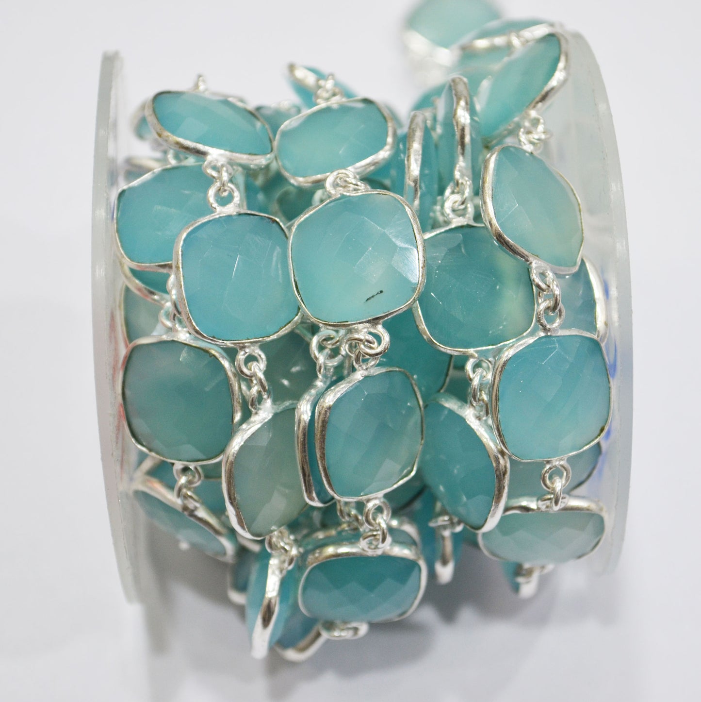 Aqua Chalcedony Faceted Cushion Shape Connector Chain , 15 mm , RB-6660