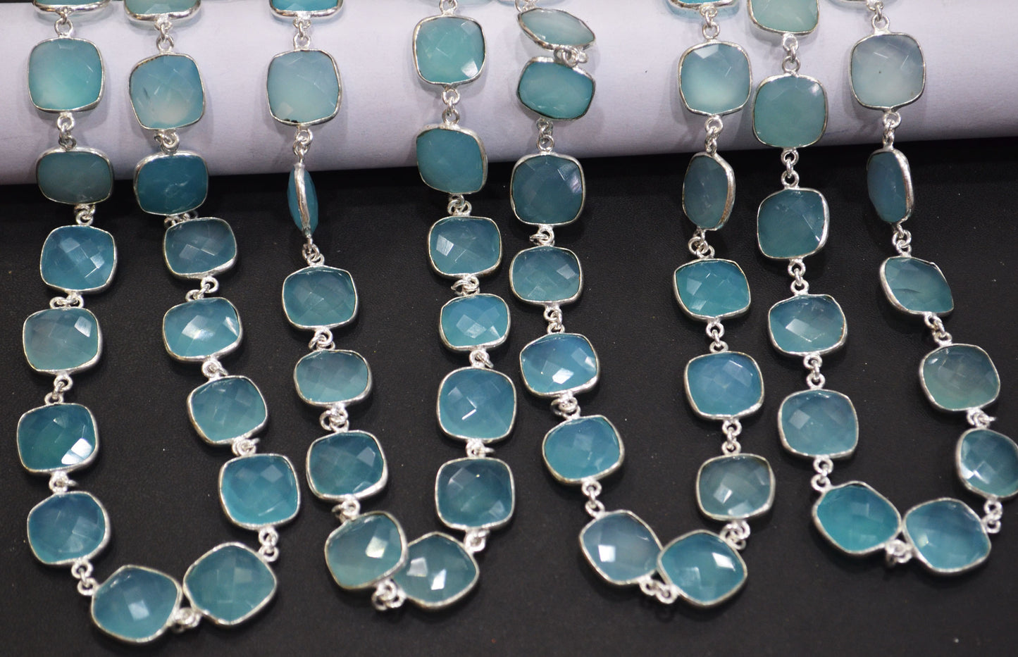 Aqua Chalcedony Faceted Cushion Shape Connector Chain , 15 mm , RB-6660