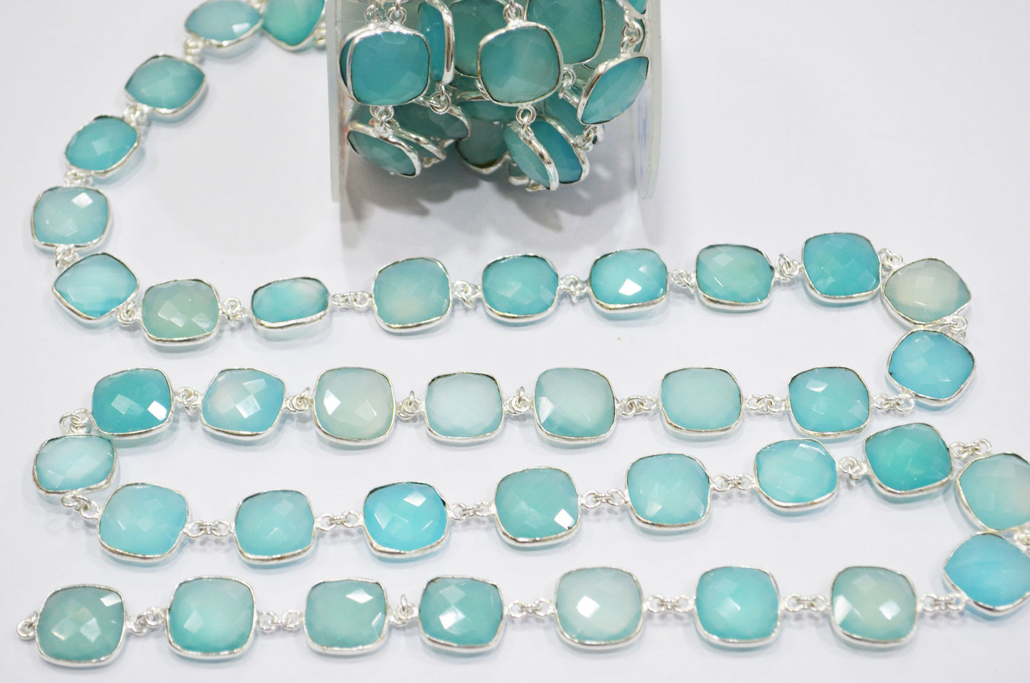Aqua Chalcedony Faceted Cushion Shape Connector Chain , 15 mm , RB-6660