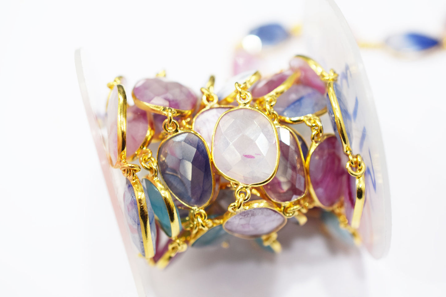 Silverstein Multi Sapphire Color Moonstone Slice Shape Connector Chain , 12x14 - 16x21 mm , RB-6667
