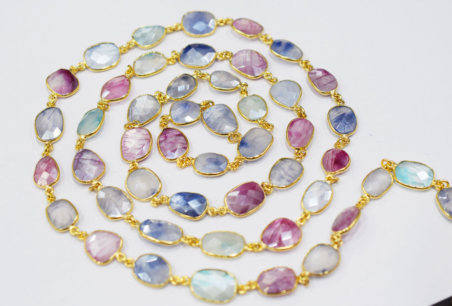 Silverstein Multi Sapphire Color Moonstone Slice Shape Connector Chain , 12x14 - 16x21 mm , RB-6667