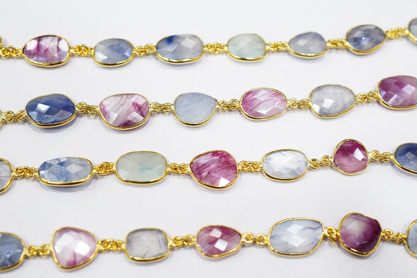Silverstein Multi Sapphire Color Moonstone Slice Shape Connector Chain , 12x14 - 16x21 mm , RB-6667