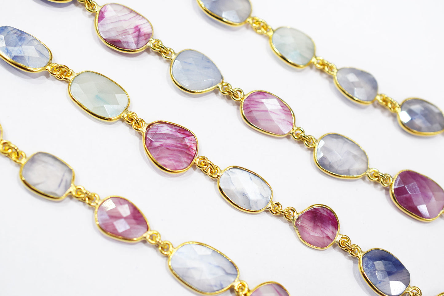 Silverstein Multi Sapphire Color Moonstone Slice Shape Connector Chain , 12x14 - 16x21 mm , RB-6667