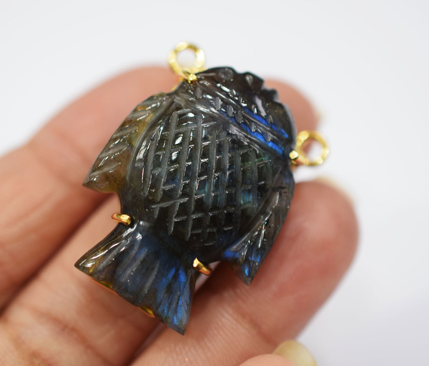 Flashy Labradorite Carved Fish Shape Connector , Sold By Piece , 3x2 cm , RB-6668