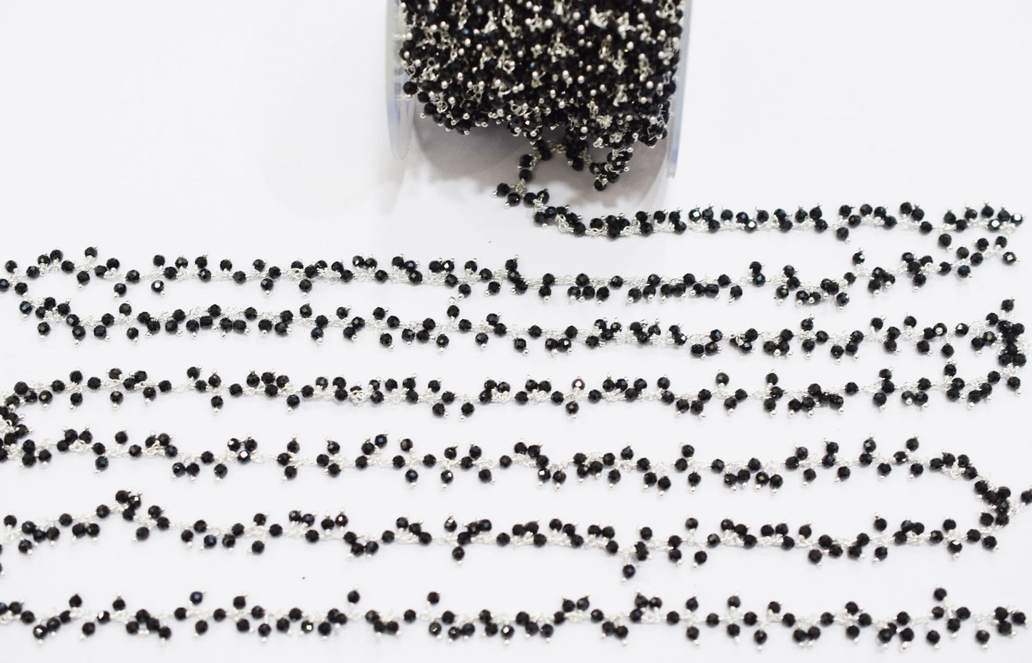 Sparkling Black Spinel Hydro Quartz Faceted Round Shape Dangling Chain , 3 mm , RB-6672