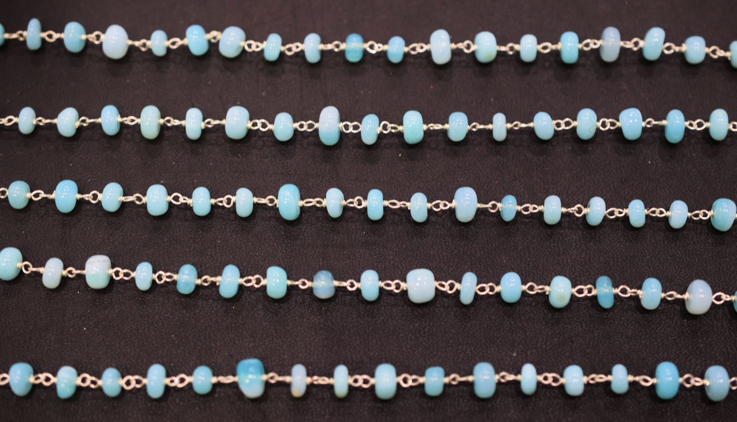 Peruvian Blue Opal Smooth Rondelle Shape Rosary Beaded Chain , 6 mm , RB-6674