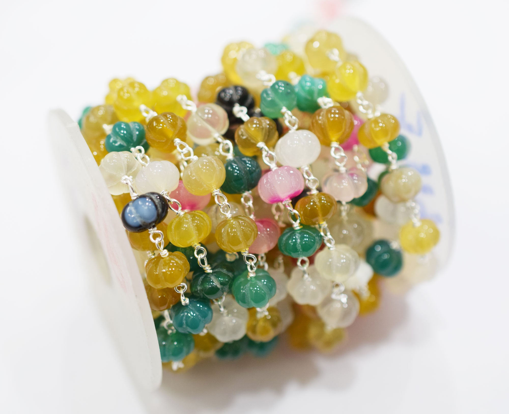Tantalizing Multi Chalcedony Carved Melon Shape Rosary Beaded Chain , Sold By Foot , 8 mm , RB-6677