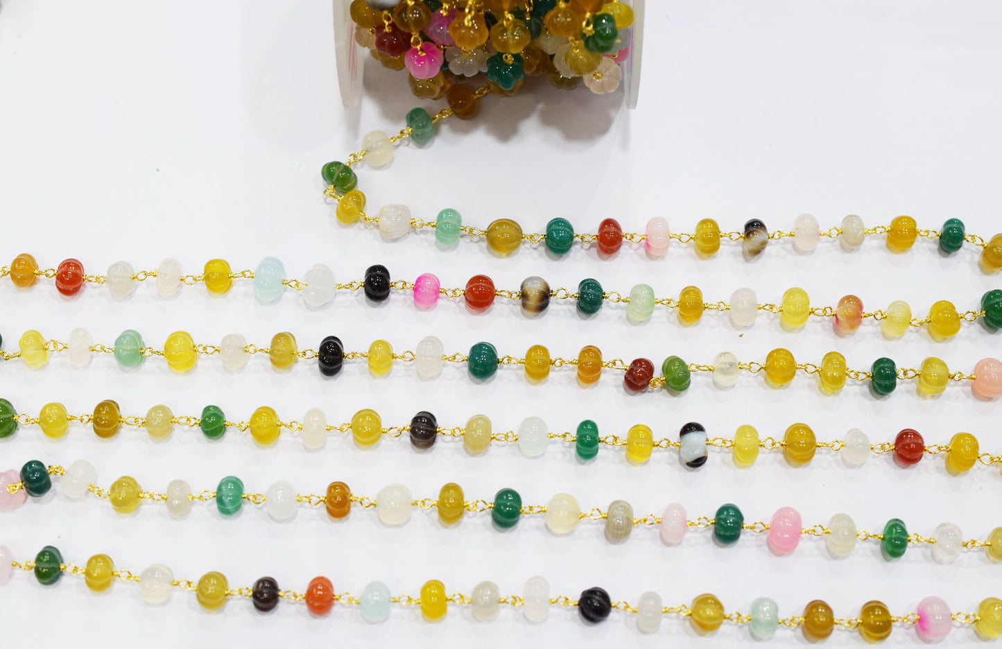 Tantalizing Multi Chalcedony Carved Melon Shape Rosary Beaded Chain , Sold By Foot , 8 mm , RB-6677