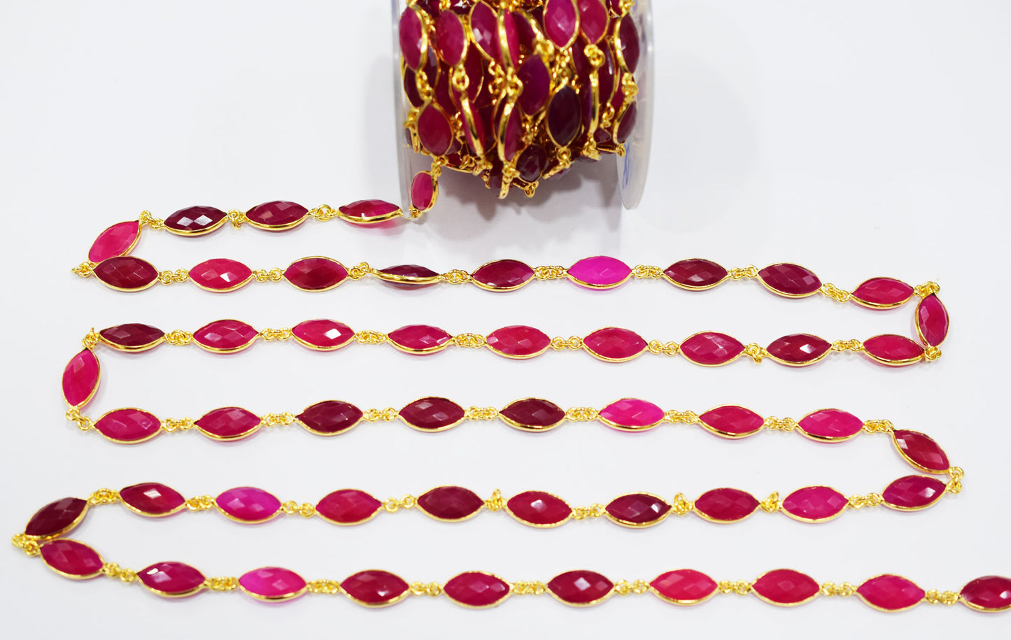 Hot Pink Chalcedony Faceted Marquise Shape Connector Chain , 9x17 mm , RB-6681