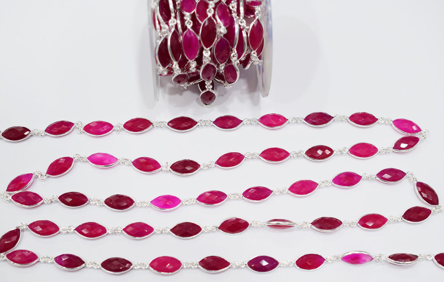 Hot Pink Chalcedony Faceted Marquise Shape Connector Chain , 9x17 mm , RB-6681