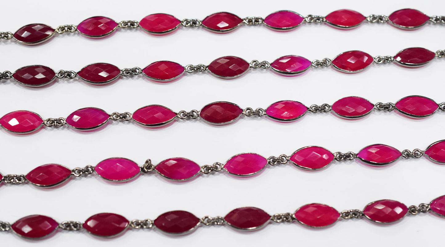 Hot Pink Chalcedony Faceted Marquise Shape Connector Chain , 9x17 mm , RB-6681