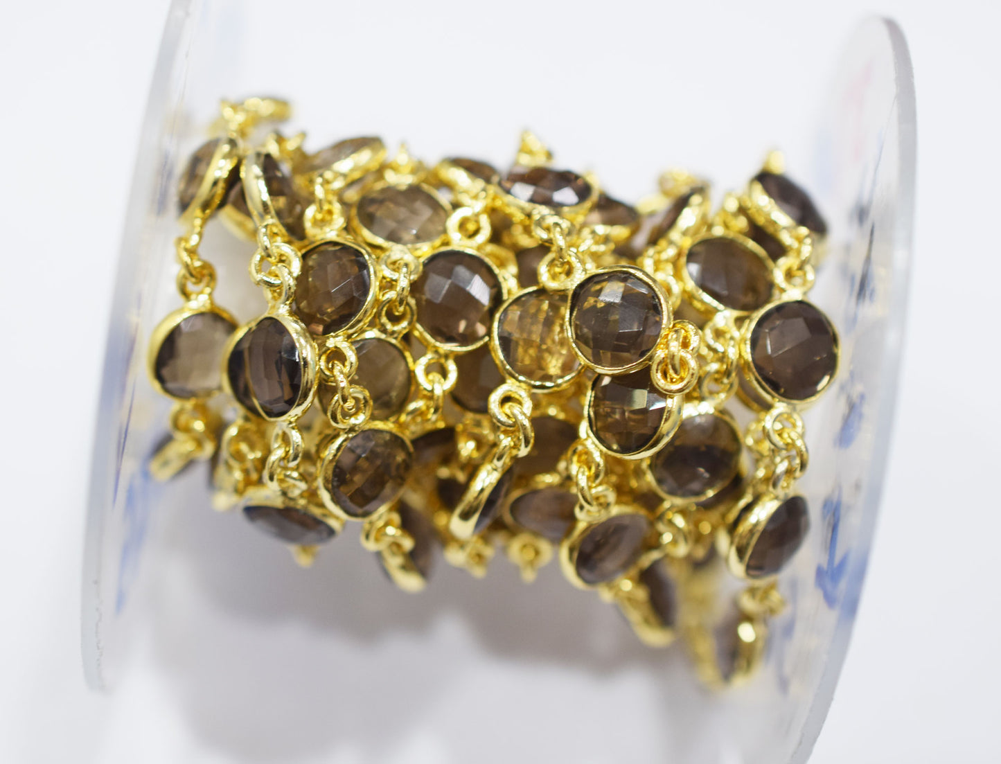 Smoky Quartz Faceted Coin Shape Connector Chain , 9 mm , RB-6689