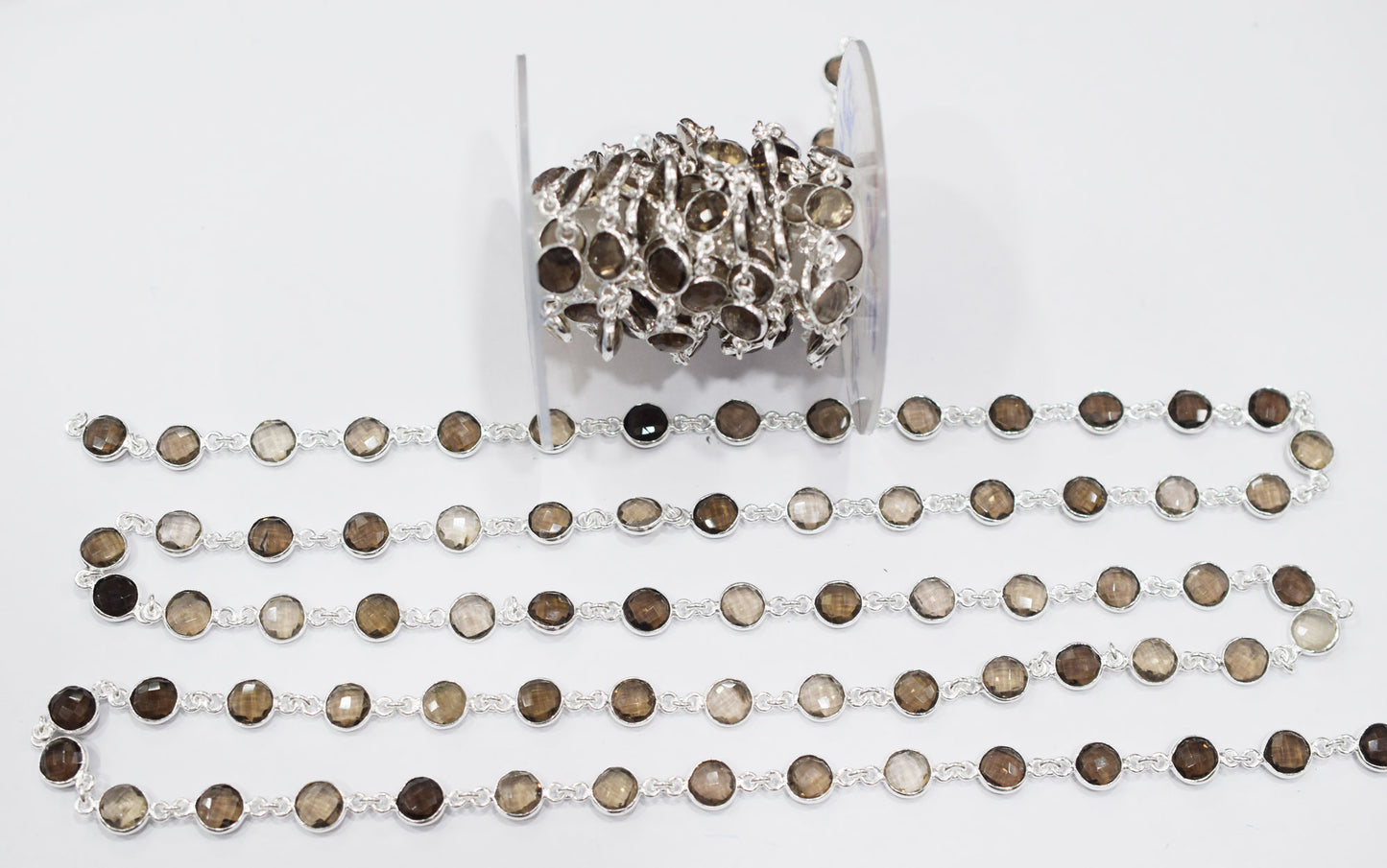 Smoky Quartz Faceted Coin Shape Connector Chain , 9 mm , RB-6689