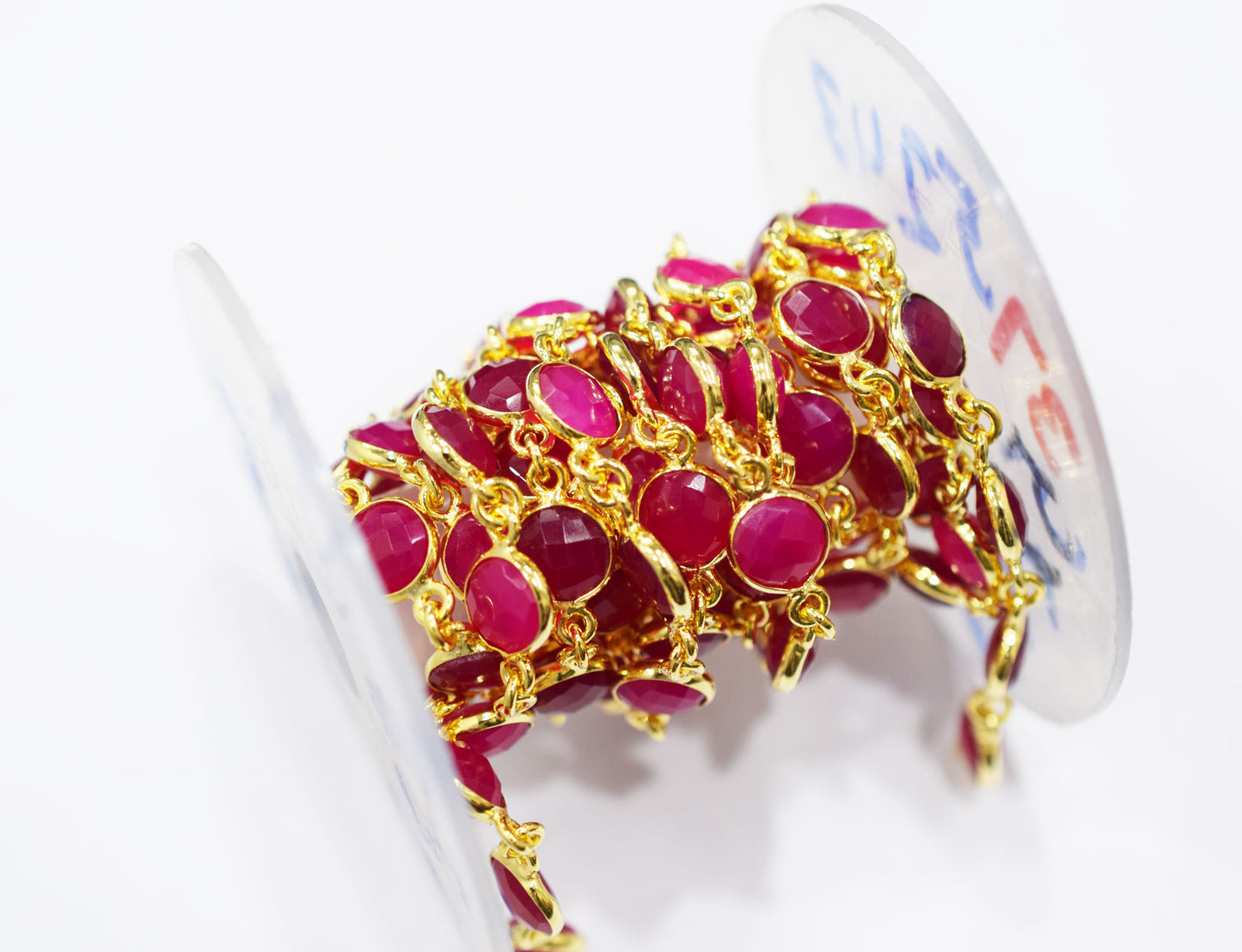 Hot Pink Chalcedony Faceted Coin Shape Connector Chain , 9 mm , RB-6690