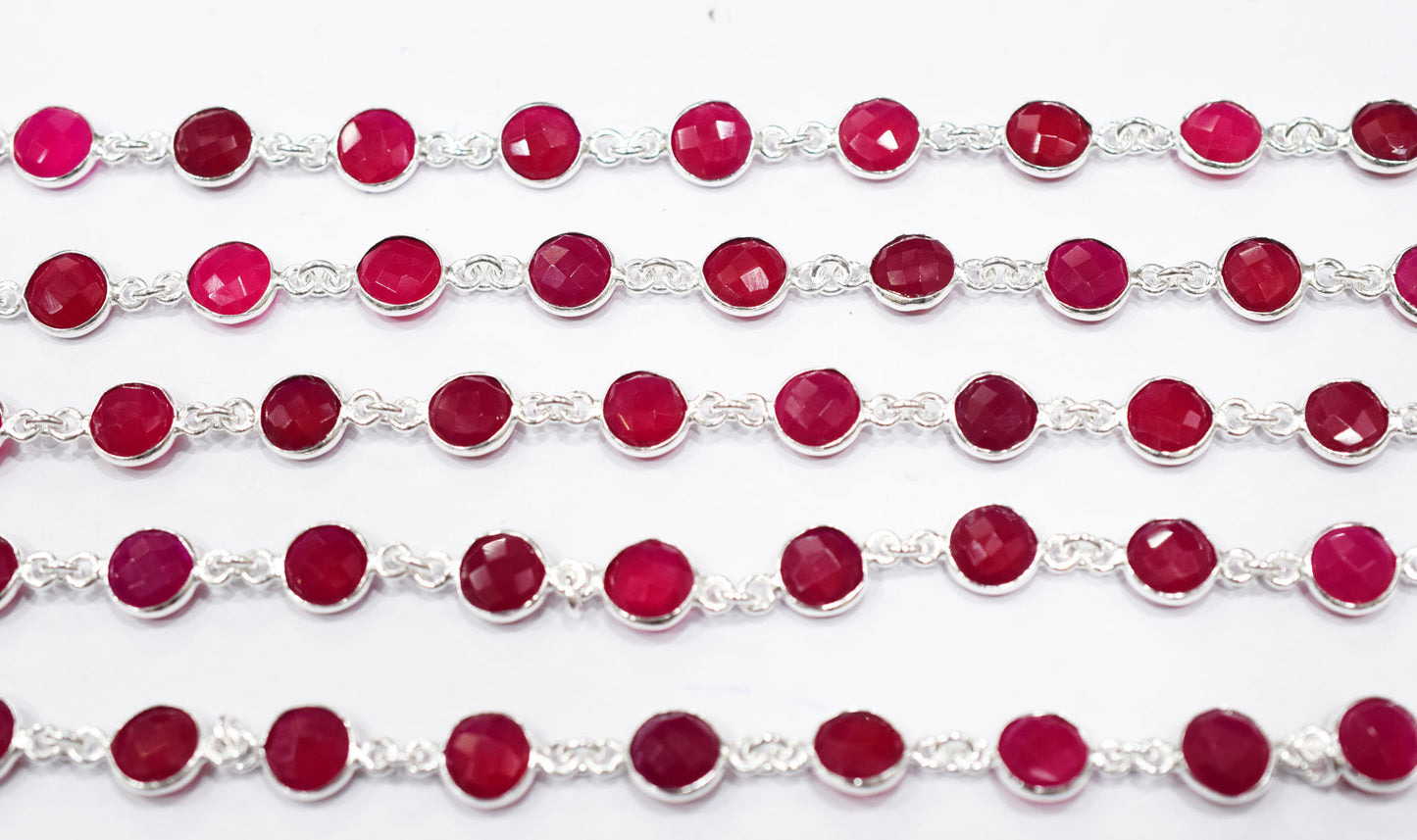 Hot Pink Chalcedony Faceted Coin Shape Connector Chain , 9 mm , RB-6690