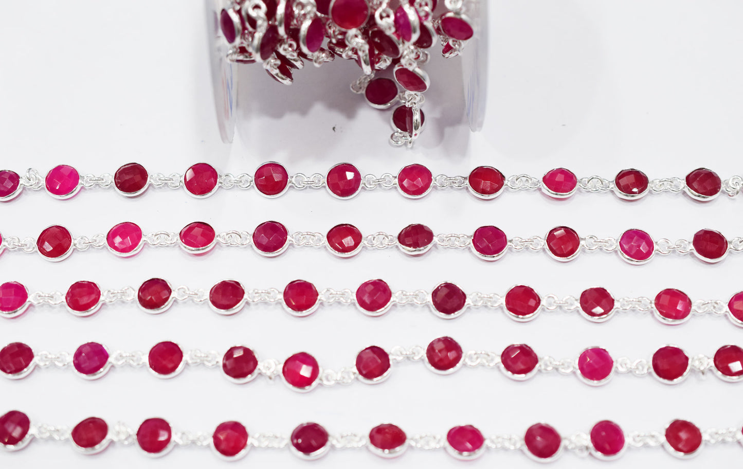 Hot Pink Chalcedony Faceted Coin Shape Connector Chain , 9 mm , RB-6690