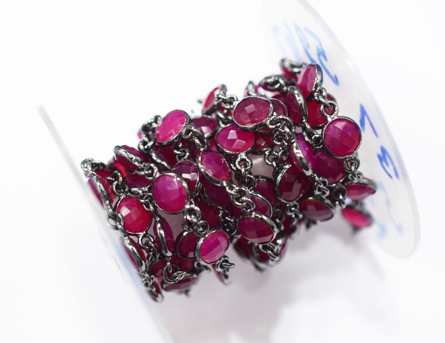 Hot Pink Chalcedony Faceted Coin Shape Connector Chain , 9 mm , RB-6690