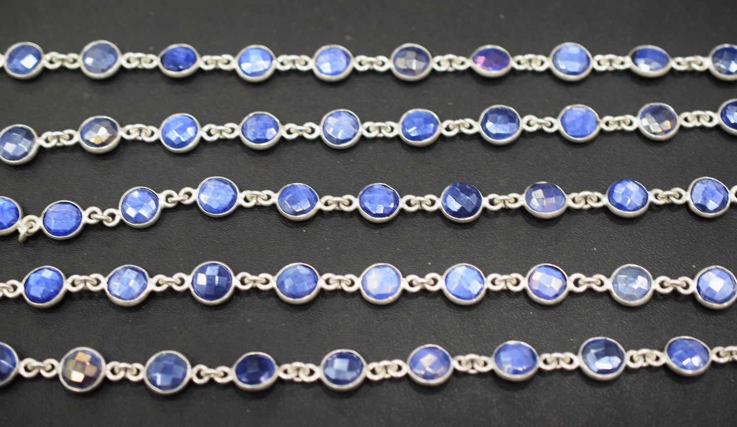 Sapphire Coated Moonstone Faceted Coin Shape Connector Chain , 9 mm , RB-6691