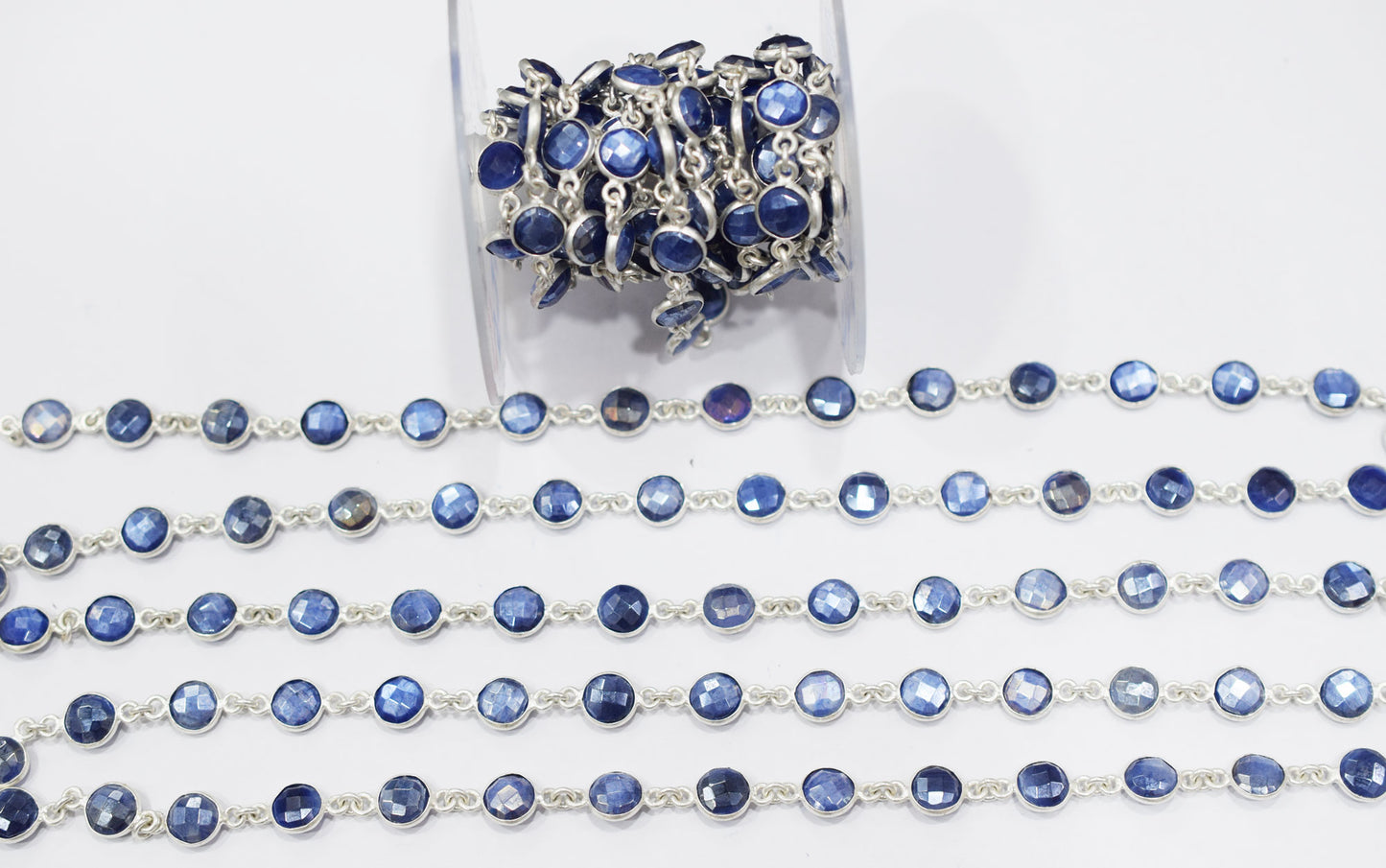 Sapphire Coated Moonstone Faceted Coin Shape Connector Chain , 9 mm , RB-6691