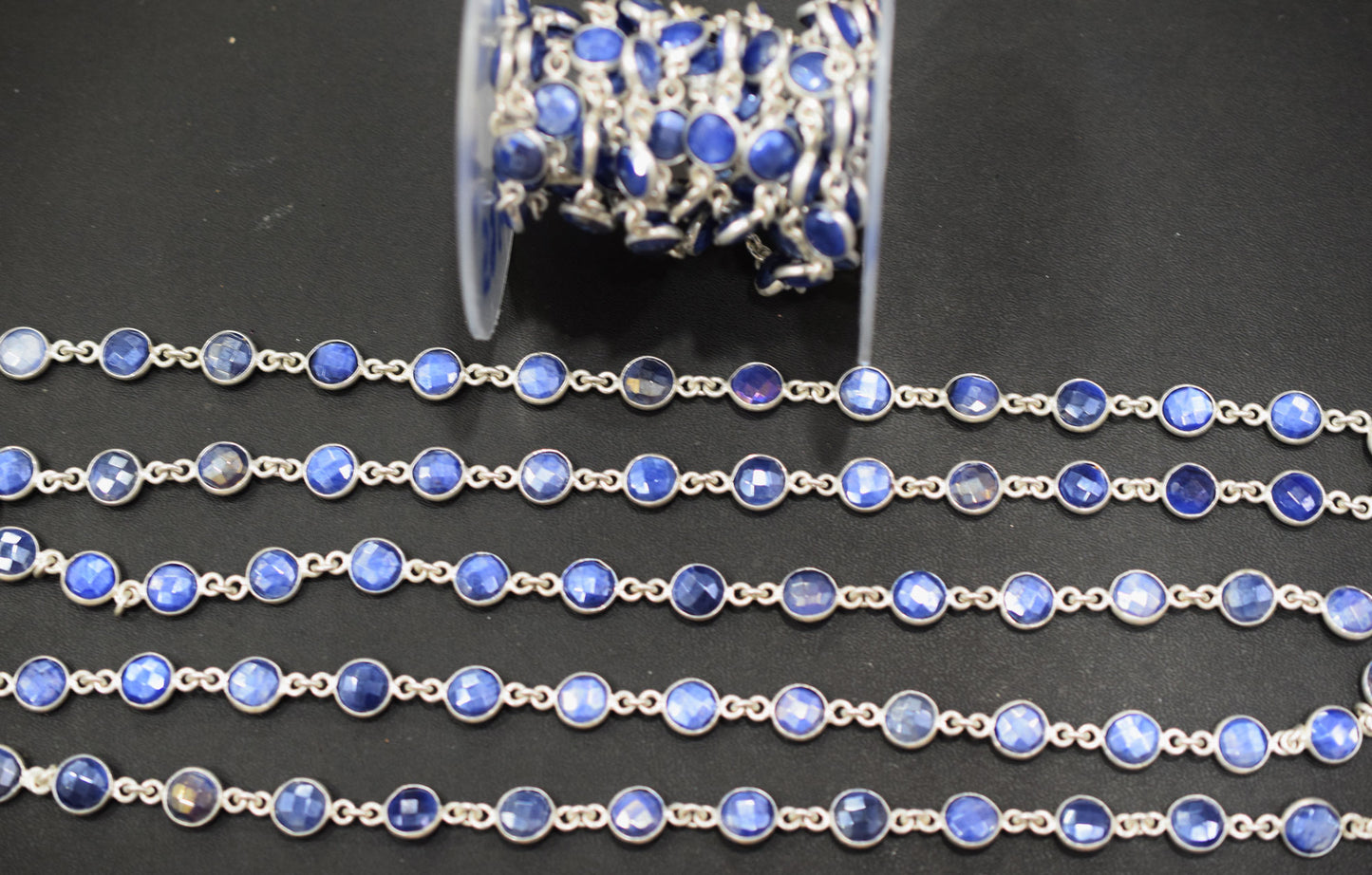 Sapphire Coated Moonstone Faceted Coin Shape Connector Chain , 9 mm , RB-6691