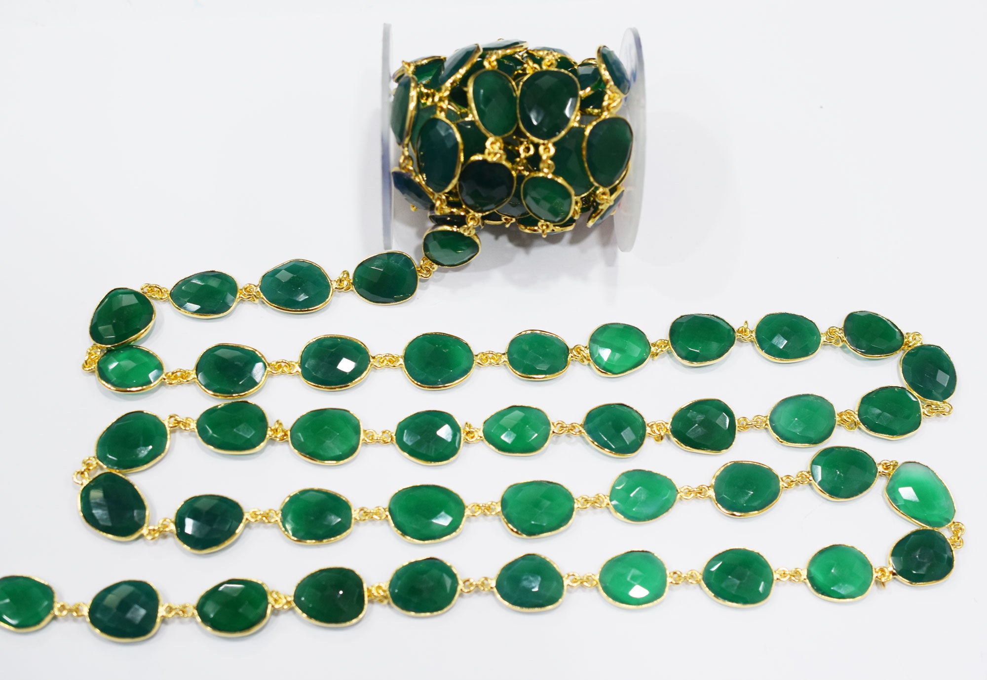 Green Onyx Faceted Slice Shape Connector Chain , 13x16 - 14x20 mm , RB-6693
